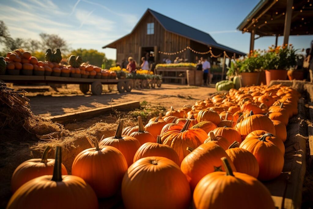 pumpkins on a pumpkin patch farm autumn fall festival with light