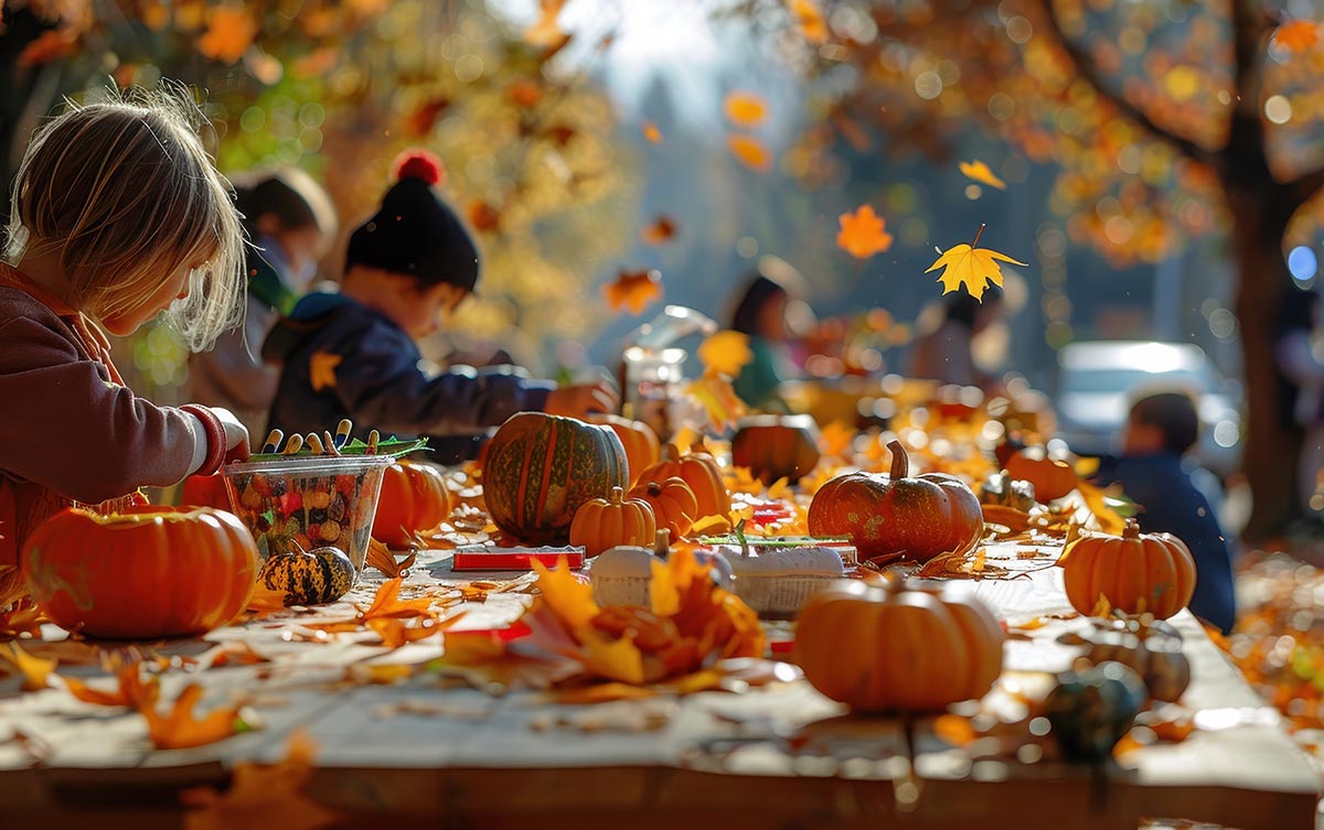 Kids enjoying outdoor fall activities with pumpkins.