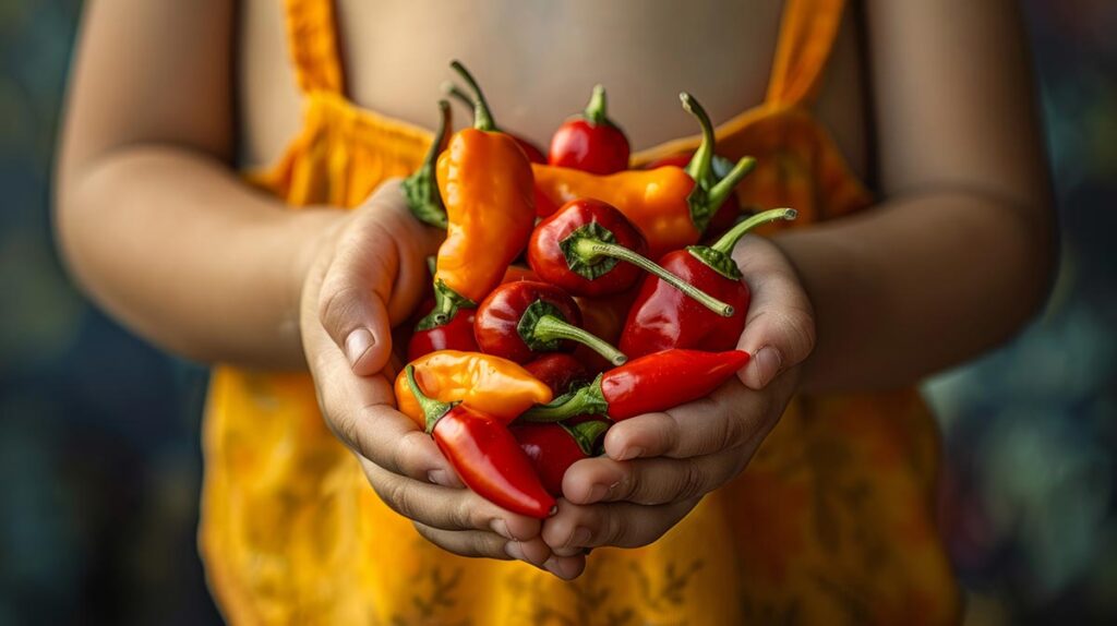 boy holding red chili peppers and orange habaneros