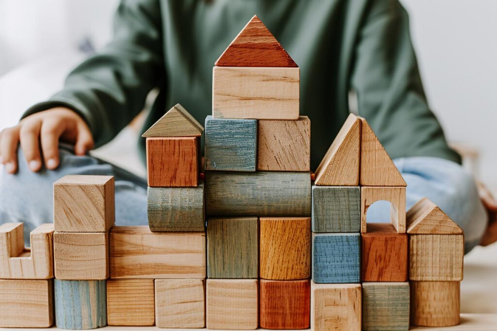 A child happily stacking colorful wooden blocks on a table, focused on building a tall tower.