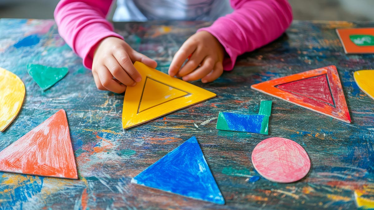 A child is engaged in crafting colorful paper shapes, surrounded by scissors and various paper pieces.