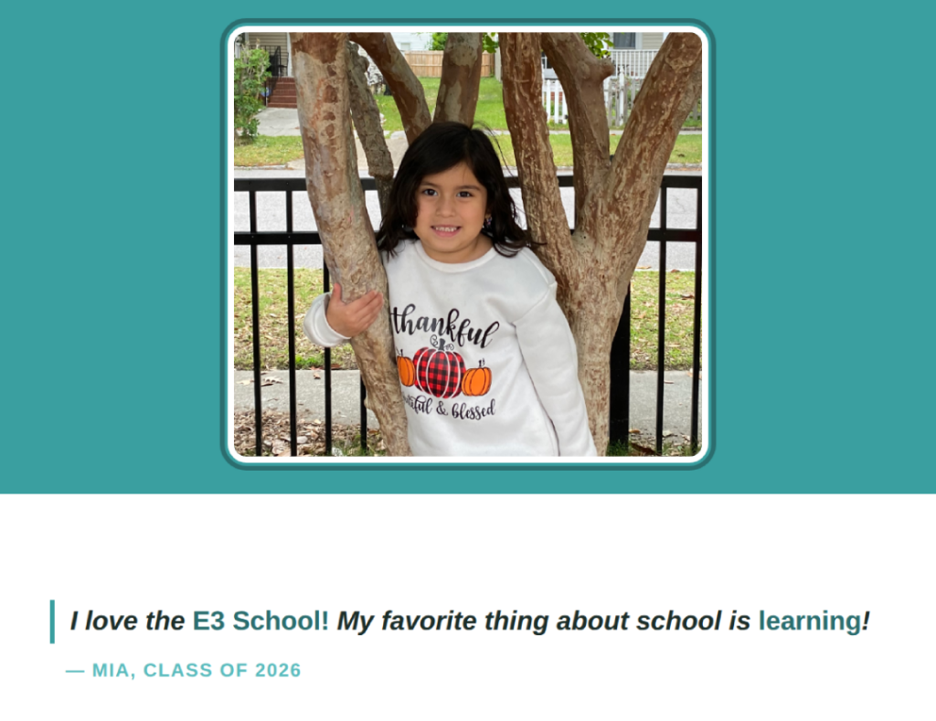 E3 School 2026 Graduate photo and quote